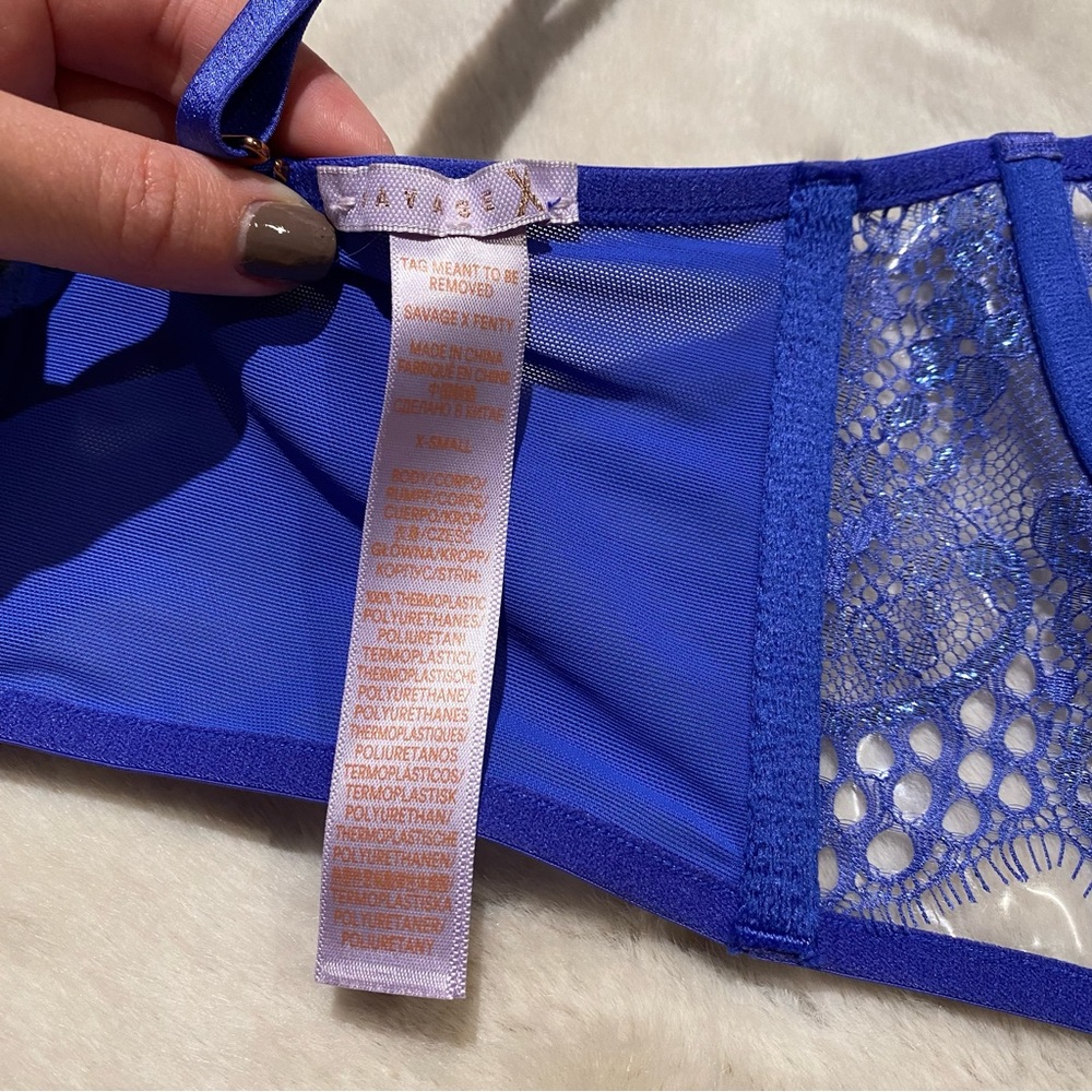 (XS) Savage x Fenty Lace & Vinyl Bustier Bra Extra Small Clear Metallic Blue - Picture 11 of 14